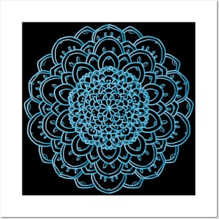 Blue Gradient Flower & Leaves Mandala Posters and Art